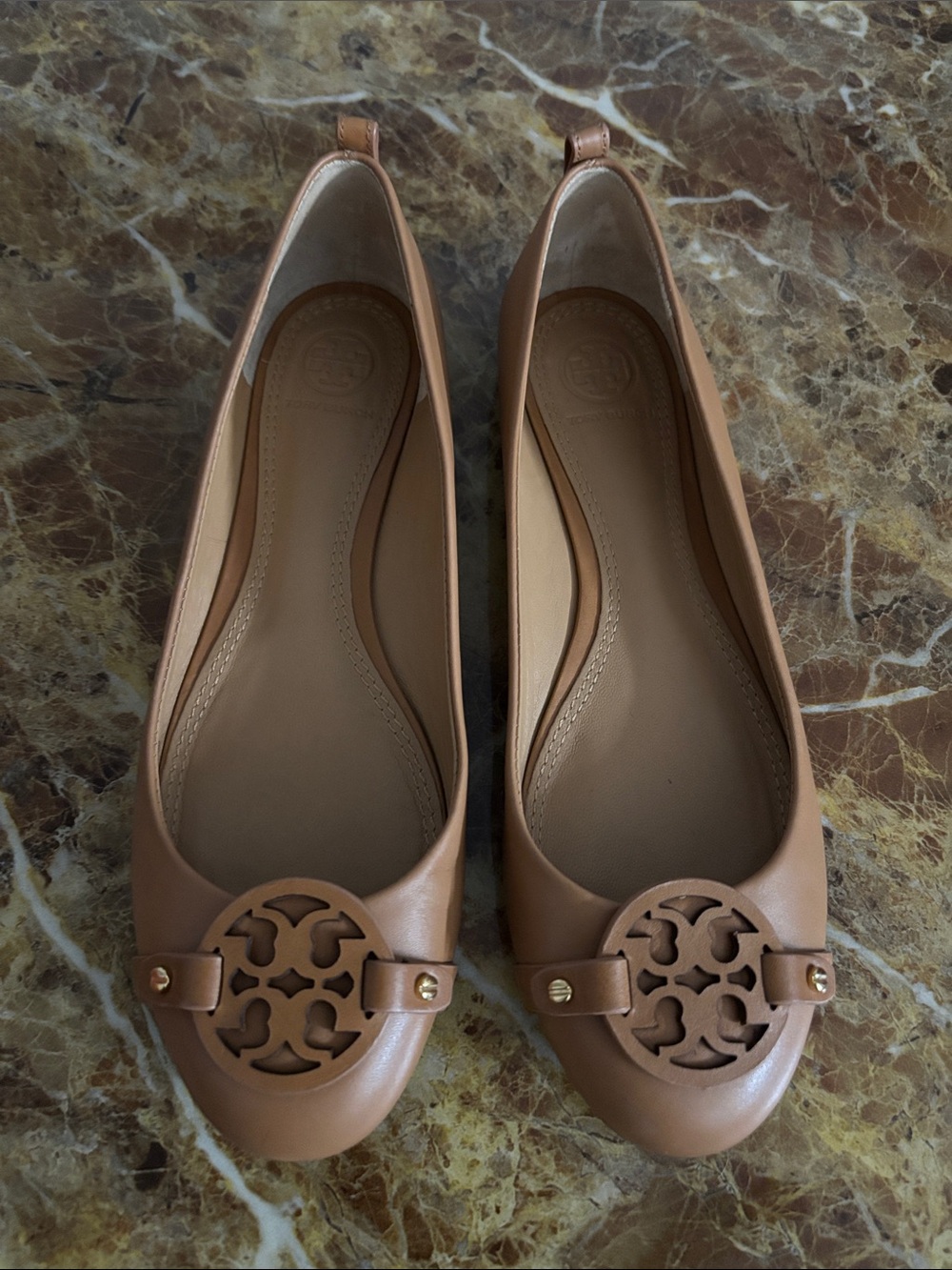 Tory Burch Cognac Leather Logo Ballet Flats